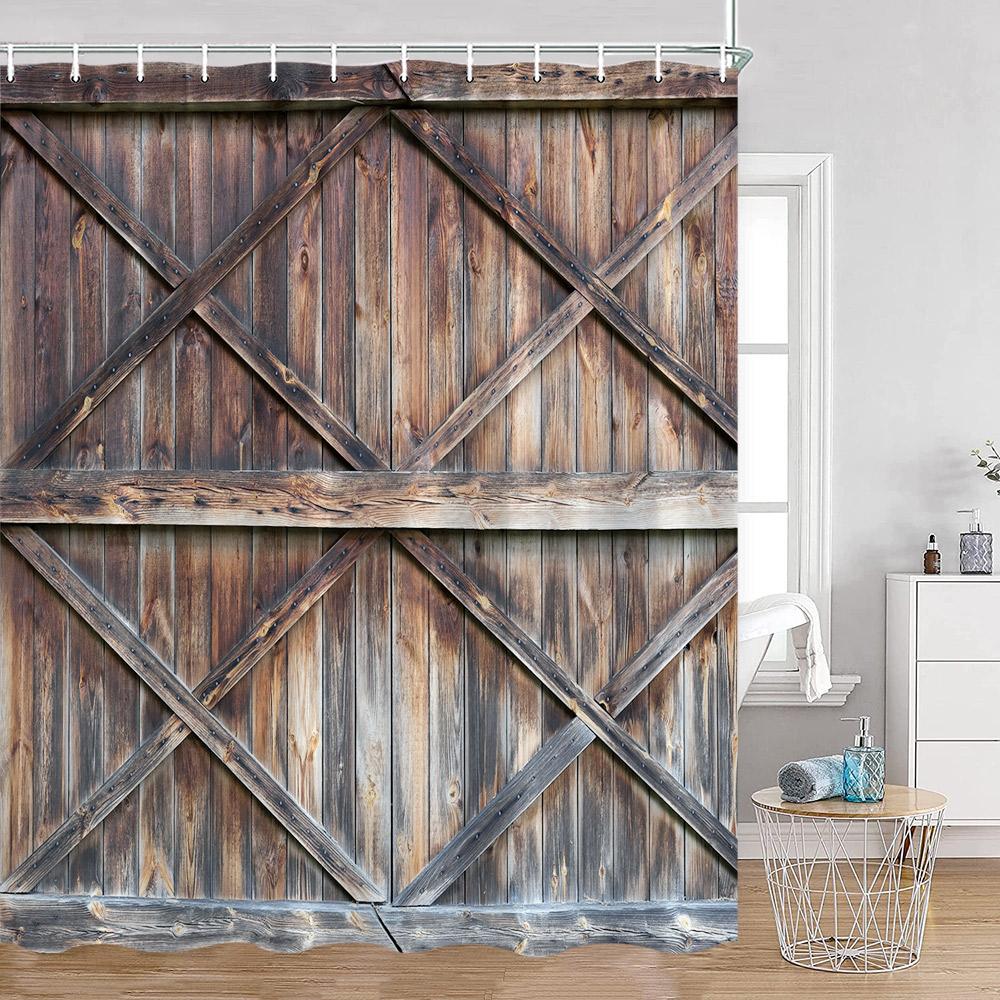 Rustic Barn Door Shower Curtains Grey White Brown Wooden Board Vintage Farmhouse Decorative Polyester Fabric Bathroom Curtains