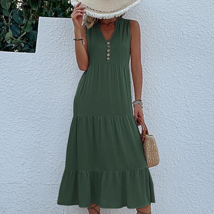 Robe d'été pour femme, coupe trapèze, longueur genou, sans manches, couleur unie, col en V