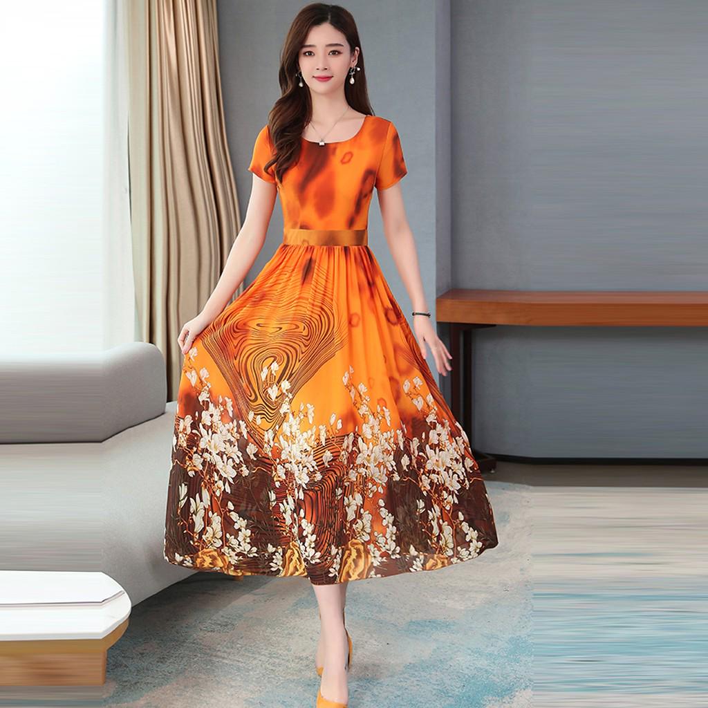 Women Fashion Summer Lady Elegant Short Sleeve Retro Printing Dress