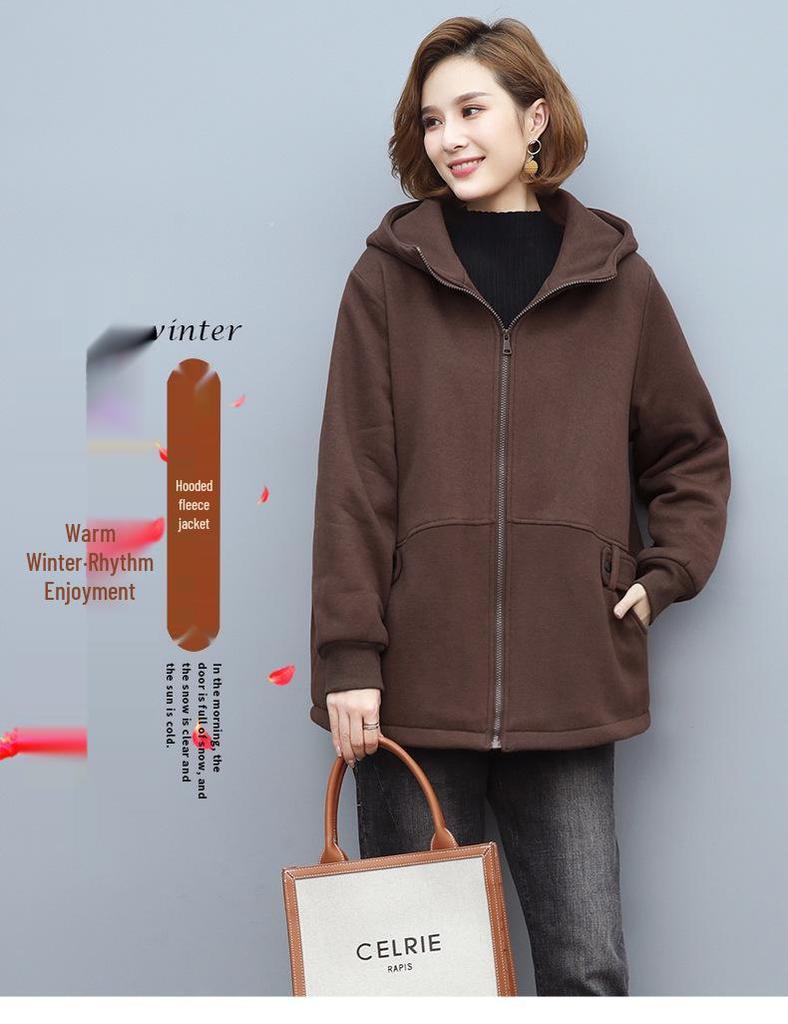 Women's Fleece-Lined Hooded Cardigan - Autumn/Winter 2024 Casual Loose Fit for Middle-Aged Moms