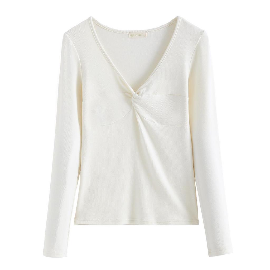 Yuke Seide Tief V-Ausschnitt Twist Langarm T-Shirt – Damen Herbstrot Top