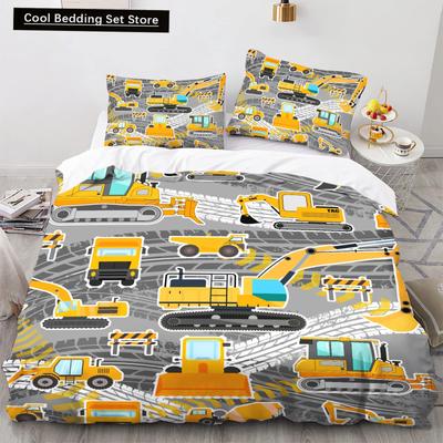 Caminhão Escavadeira King Queen Capa de Edredom Amarelo Trator Conjunto de Cama para Crianças Meninos Meninas Desenho Animado Carro Transportador 2/3 peças Capa de Edredom