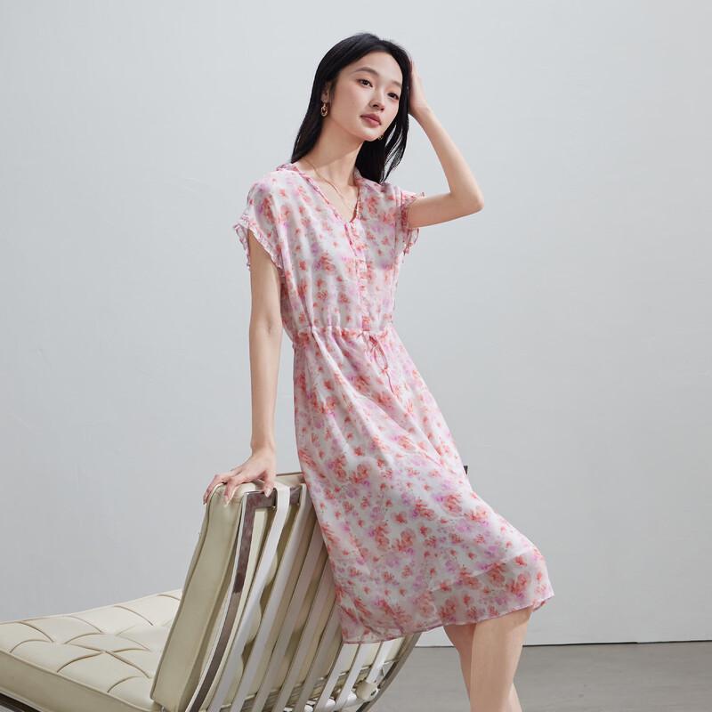SOFSIL 2026 Summer French Style Floral Silk Dress M