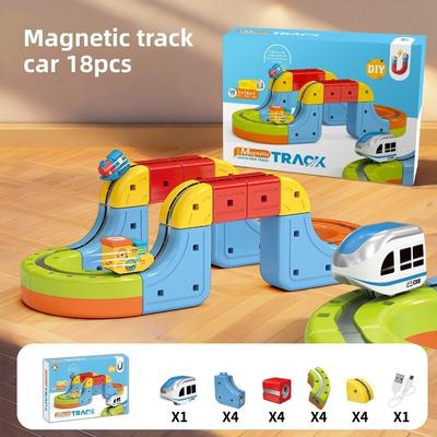 Jeu de Construction de Pistes Magnétiques pour Voiture DIY avec Train et Panneaux de Signalisation Cube Piste Trackle Ensemble de Jouets