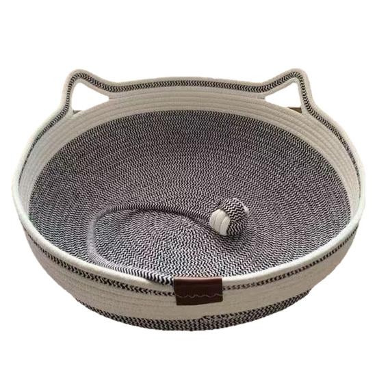 

Woven Basket Cat Bed Cotton Rope Handwoven Cat Basket with Cat Ears Toy Ball Breathable Pet Bed for Indoor Medium Large Cats All Seasons S