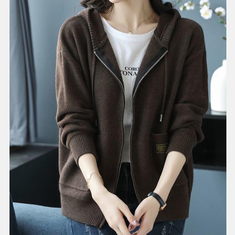 Hooded Sweater Jacket for Women Loose Large-sized Knitted Cardigan Solid Color Casual Sweater Jacket