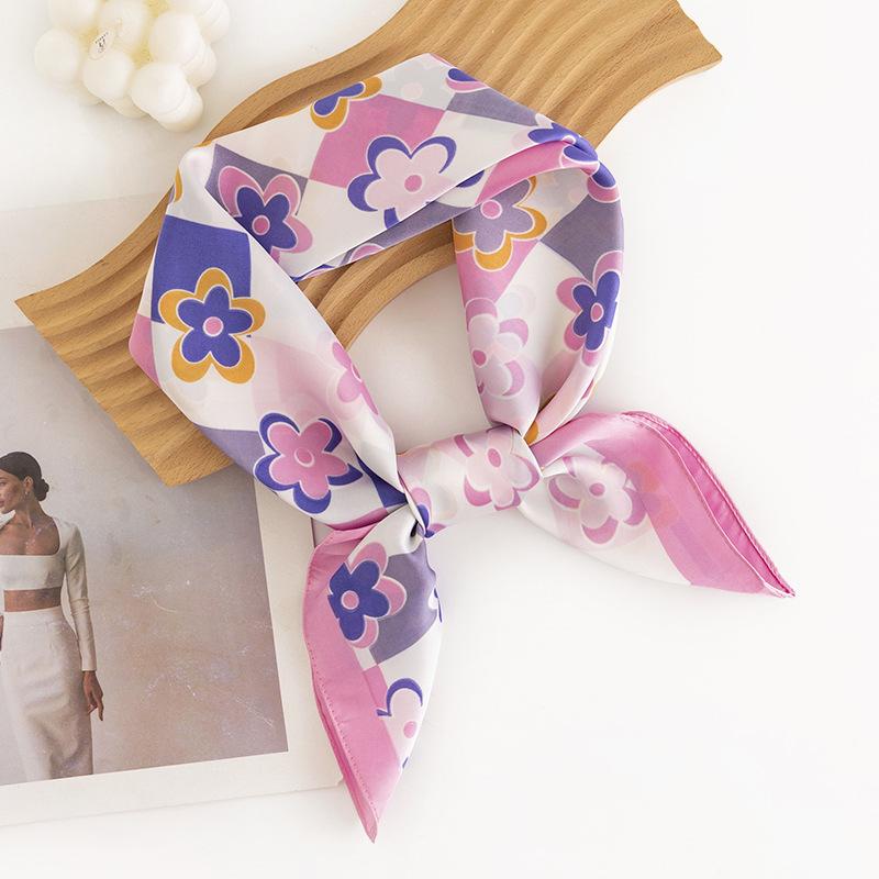 Geometric Flower Small Square Scarf For Women, Fresh And Sweet Professional Attire, Fashionable Color Matching Simulated Silk Scarf, Headscarf