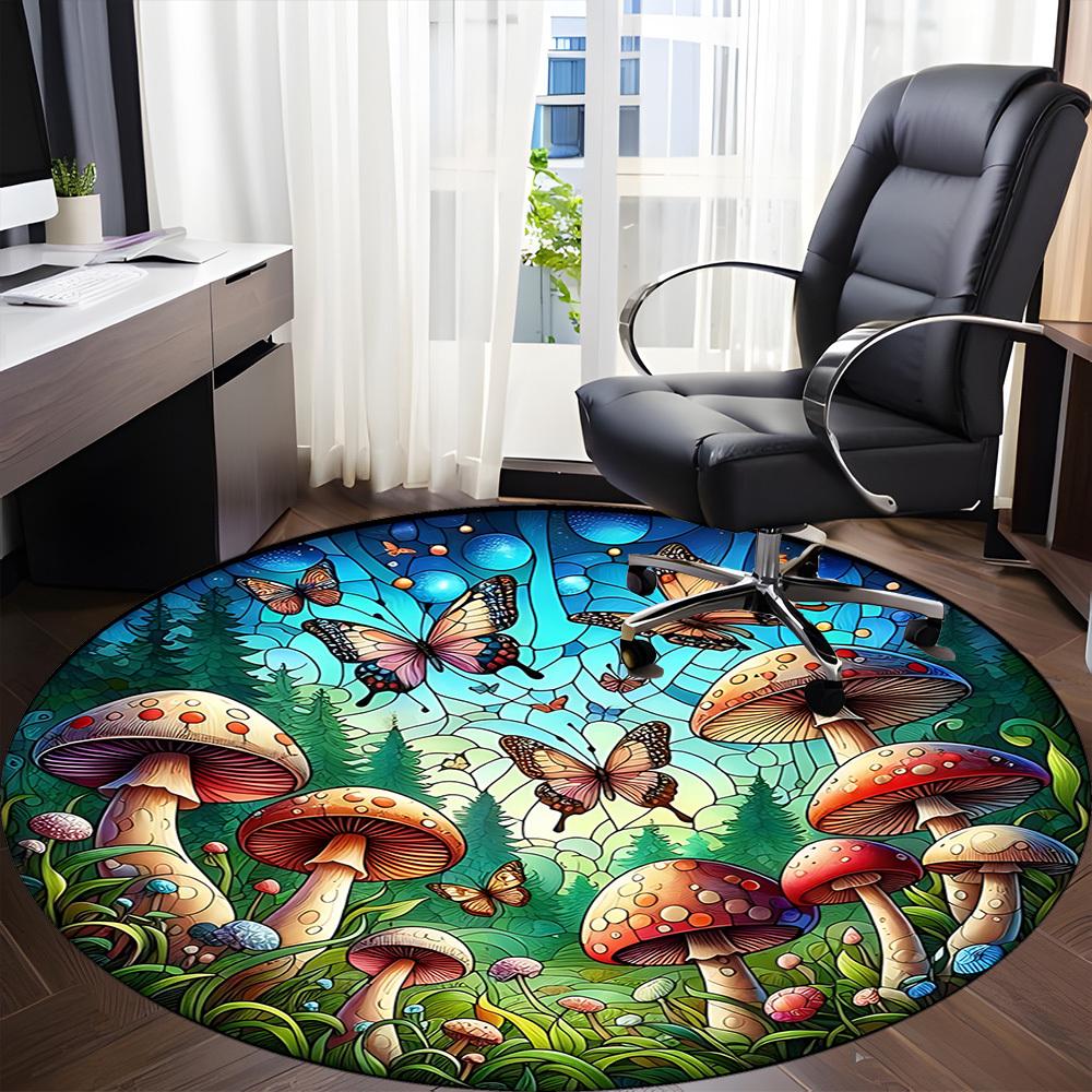1pc Mushroom Butterfly Office Round Area Rug, Indoor Mat Suitable ForOffice, Under Office Chairs Bedroom Living Room Home Decor, D136