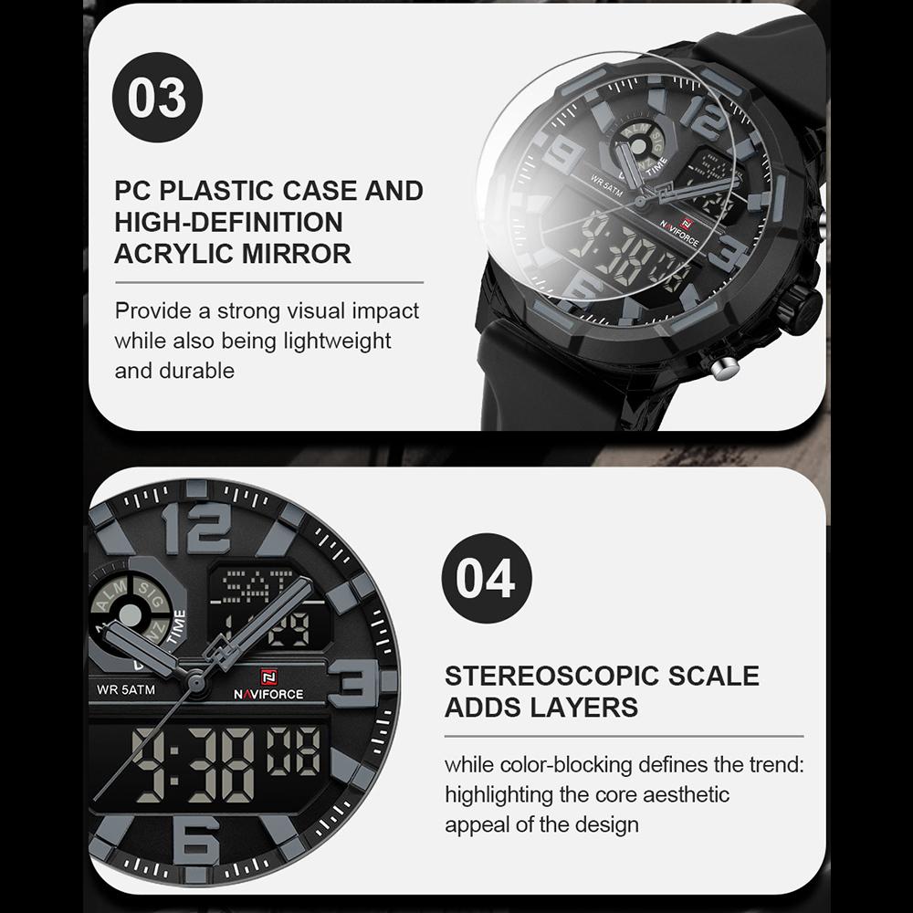 NAVIFORCE Original Men Dual Time Watch Quartz Movement LCD Digital Silicone Strap Waterproof Calendar Date Night Pattern Men Watch NF7130