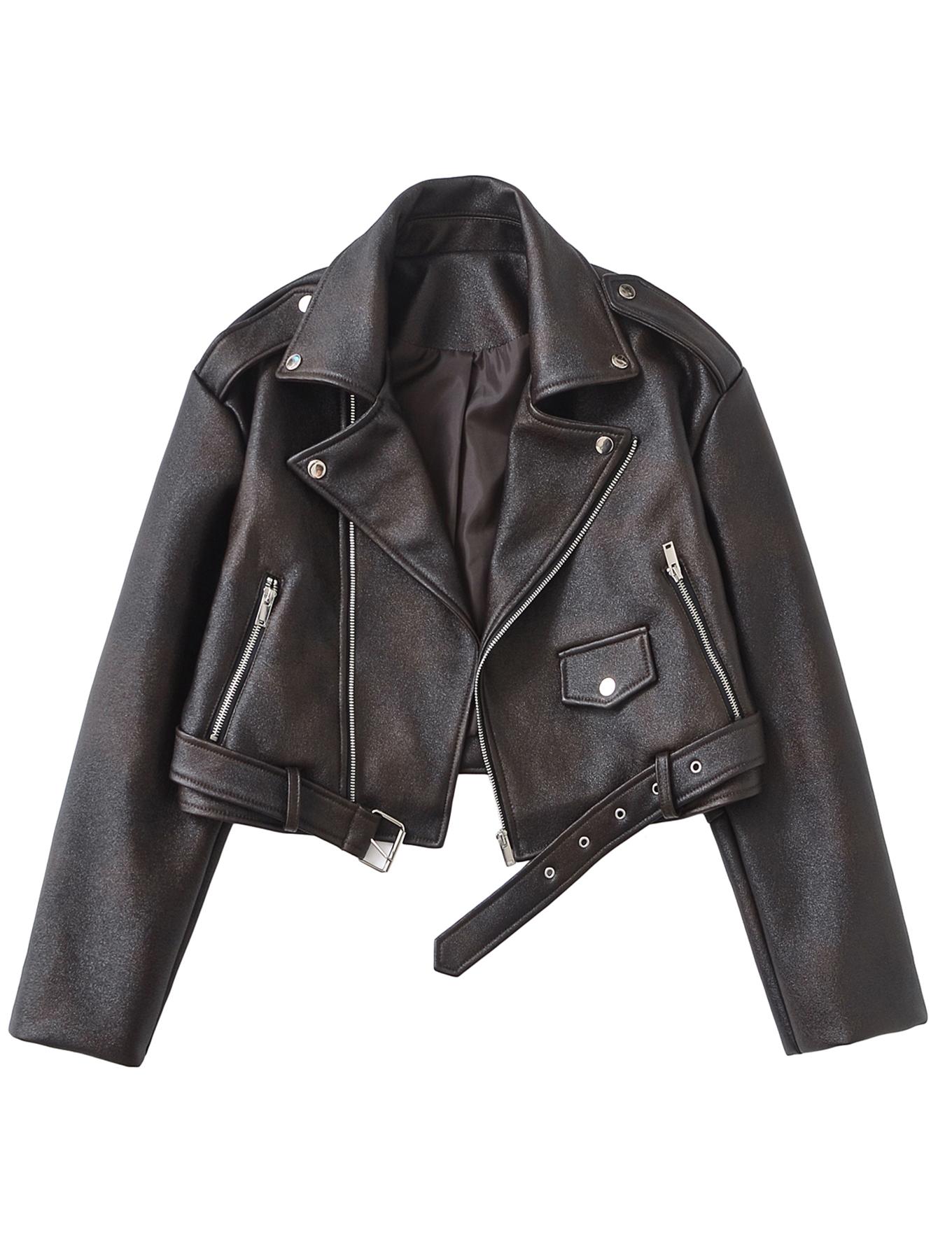 

Женская модная короткая куртка из искусственной кожи, женская байкерская куртка из искусственной кожи, женская верхняя одежда в стиле ретро с лацканами и поясом M чёрный