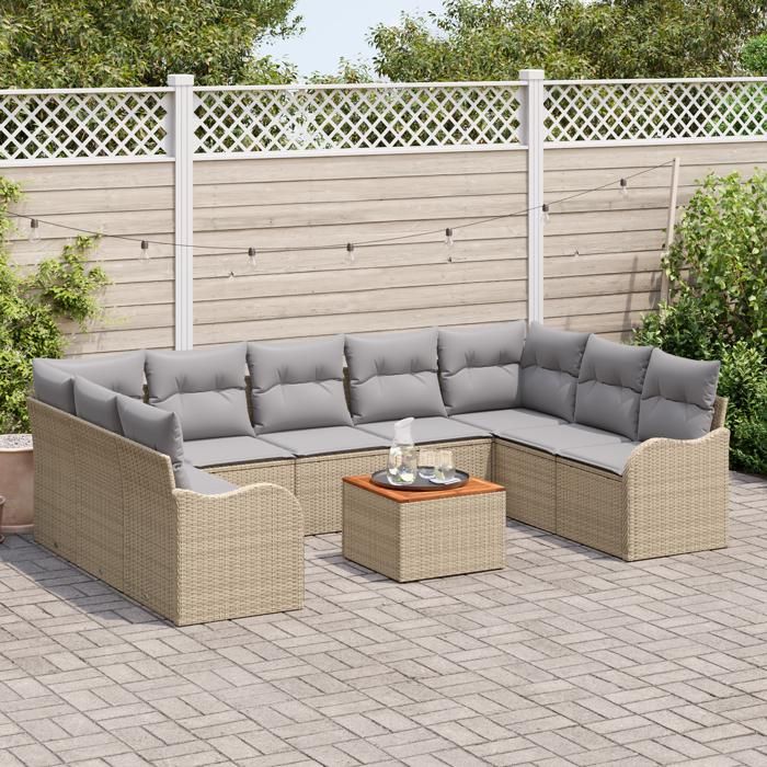 VidaXL Ensemble de Canapés de Jardin 10 Pièces avec Coussins Beige en Rattan Poly Acacia 3356166