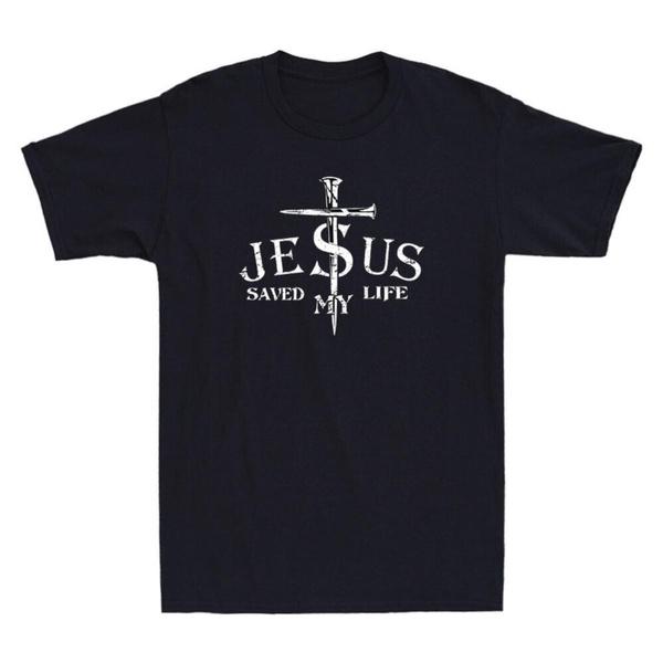 Jesus Saved My Life Crew Neck Graphic Christian Faith T Shirt Mens Bible Quote Vintage Tee Casual Religious Wear XXL