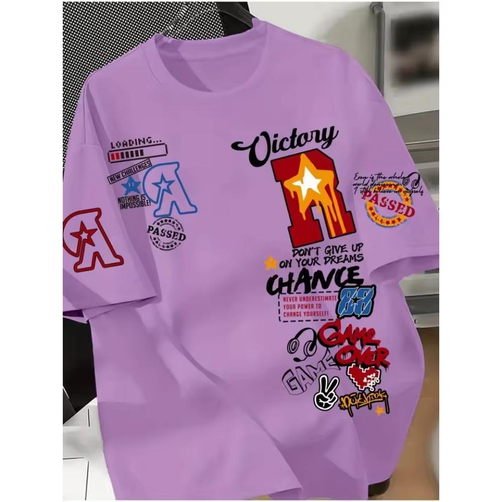 Summer Men's Fashionable Cartoon Letter Printed Breathable Round Neck T-shirt Outdoor Urban High Street Casual Top