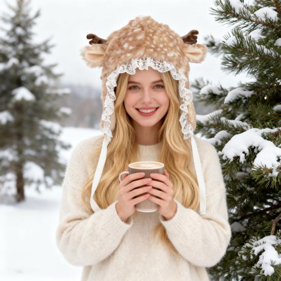 Winter Hat with Cartoon Deer Ears Plush Lining Ear Protection Hat Thickened Warm Adjustable Fit Leg Warmers Winter Wear