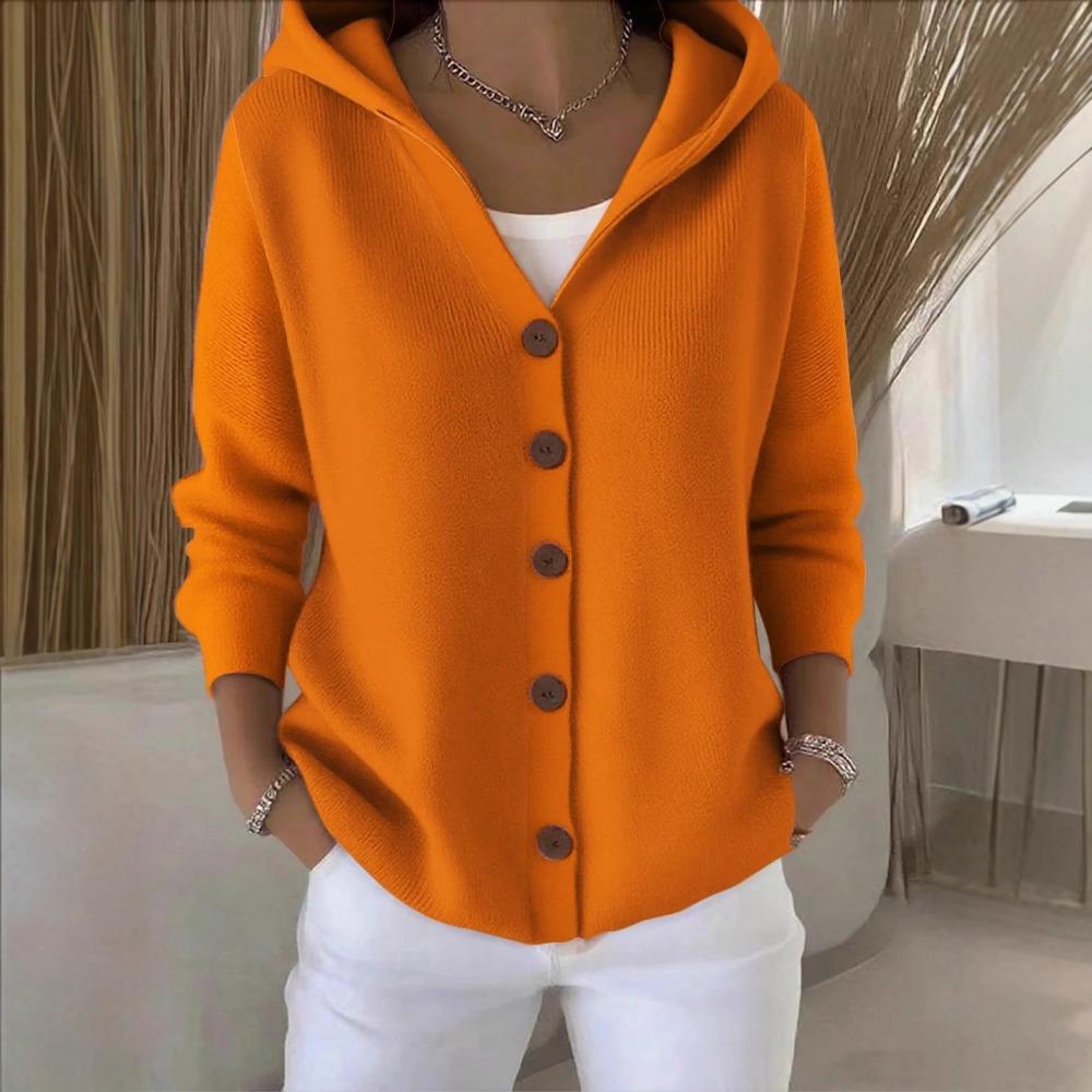 Button-knitted Hooded Sweater Cardigan, New Solid-color Casual and Fashionable Women's Wear for Autumn and Winter