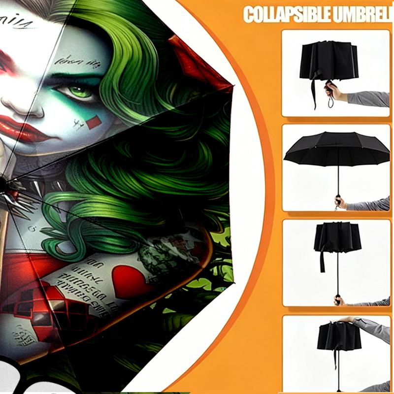 Custom Name Personalized Harley Quinn Joker Print Umbrella, Auto Open Close, 8‑Rib Sturdy Frame, Commute Camping Hiking Use, Birthday Gift
