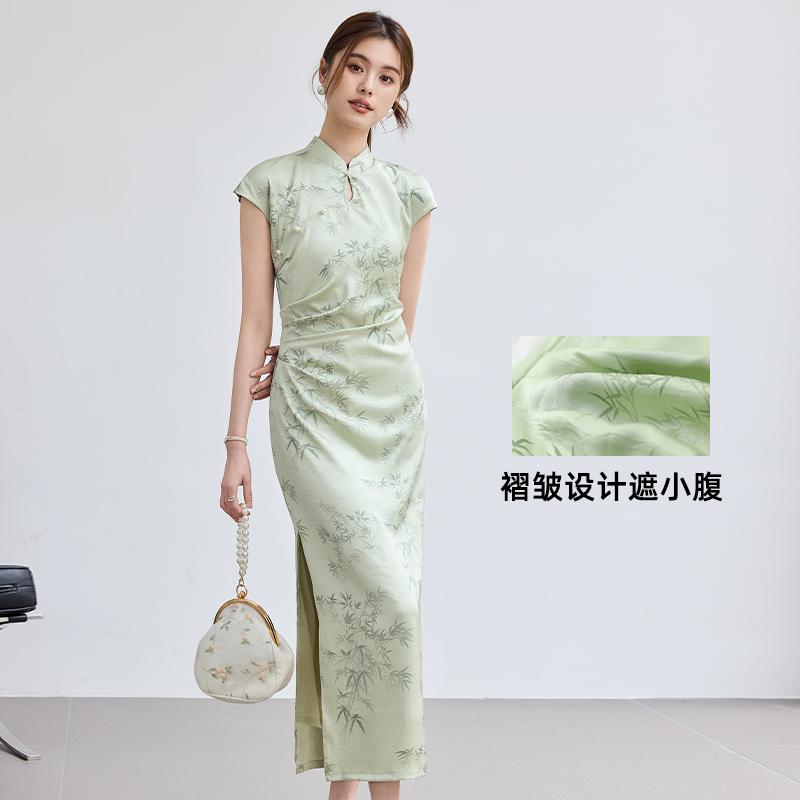 Summer "Smoke Rain Jiangnan" Jade Green Bamboo Printed Cheongsam New Chinese Side Split Dress