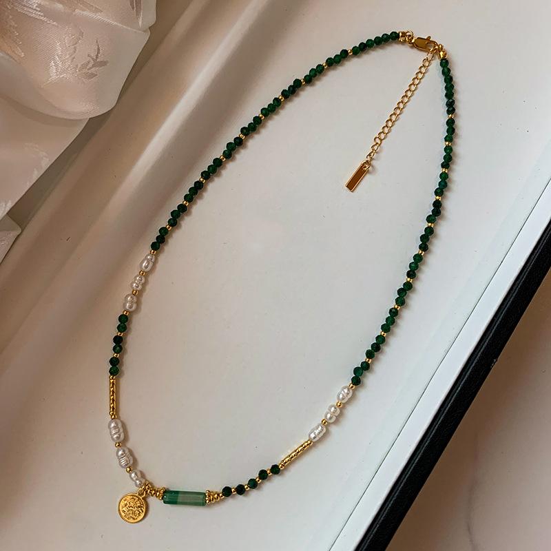 Baroque Small Silver Bar Freshwater Pearl Necklace Temperament Fashion Indian Agate Green Crystal Beaded Necklace Women