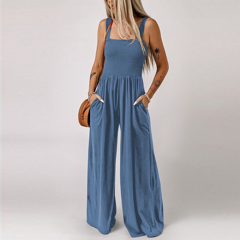 2024 Summer New Arrival Black Square Collar Smocking Jumpsuit Women European and American Leisure Slim Looking Suspenders Loose Pants Women