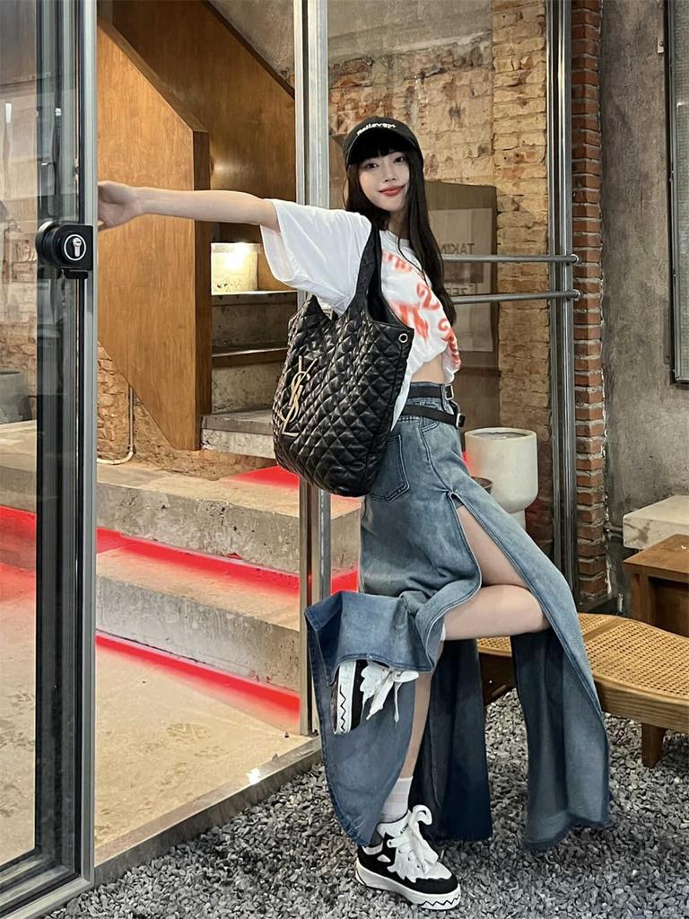 OIUYUE Women's High-Waisted Denim-Style Long Skirt with Front Slit L Blue