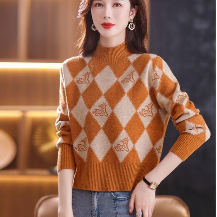 Fall/Winter Vintage Jacquard Sweater Women High Neck Knit Sweater Short Thick Loose Print Knitwear Top Jumper