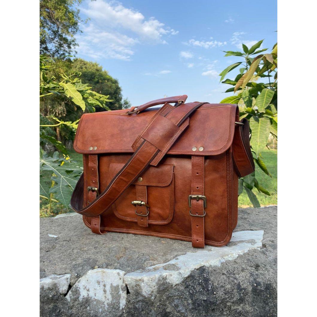 

Handmade Goat Leather Messenger Bag: Laptop Satchel Briefcase 15 x 11 x 4 in