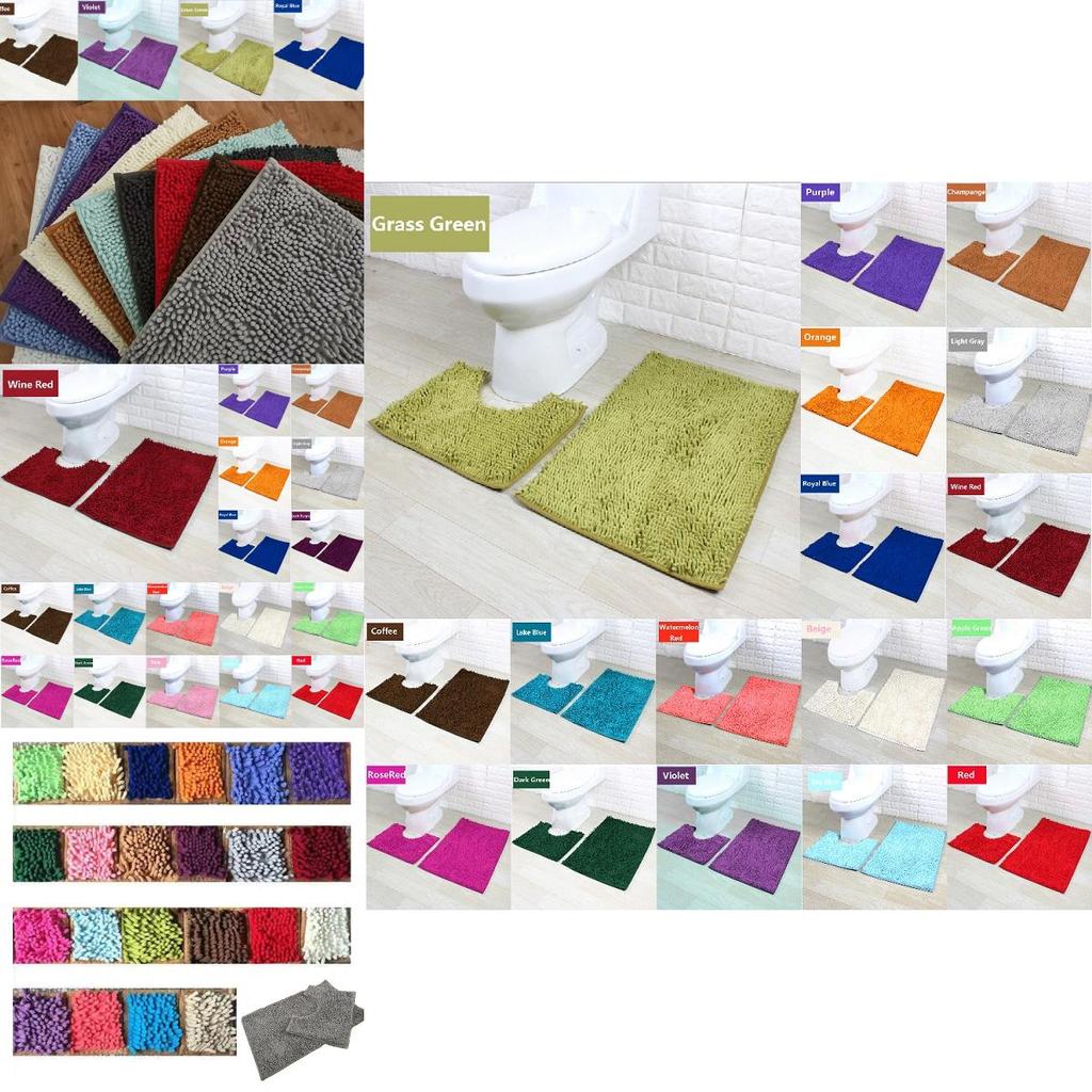 Ultra Absorbent 2 Piece Bath Mat Set Non-slip Toilet Pedestal Soft Foam Shaggy Chenille Rug