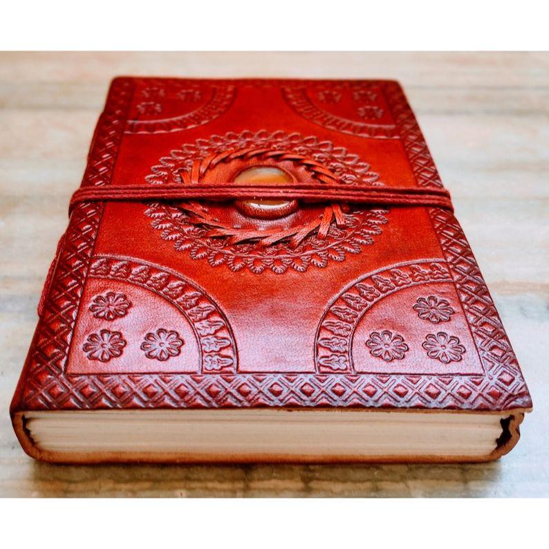 Semi Precious Stone Embossed Leather Bound Notebook, Stoned Leather Journal, Unlined Leather Notebook Handmade Diary Medium Size 5 by 7