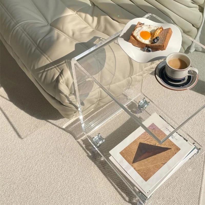 Transparent Acrylic Wheel Table Removable Coffee Trolley Sofa Side Table with Wheels Minimalism Furniture Bedside Corner Table