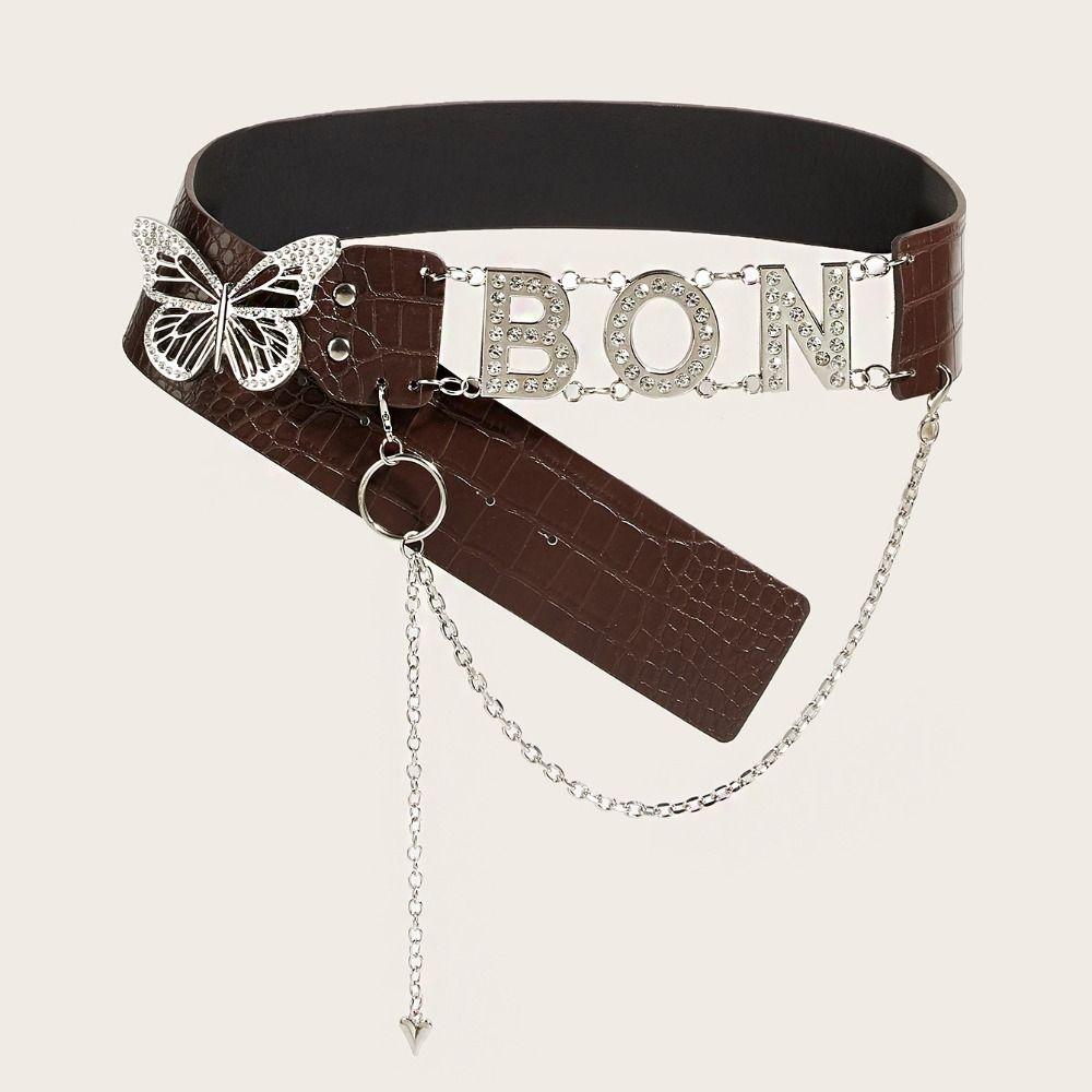 Spice Girl Rhinestone Belts PU Leather Waistband Punk Butterfly Waist Chain  Decorative Jeans