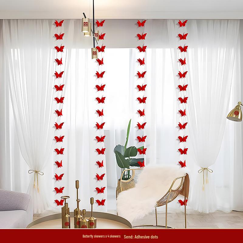Wedding Room Decor Set: Double Happiness Curtains, Butterfly Ornaments, Stickers for Bride's Bedroom
