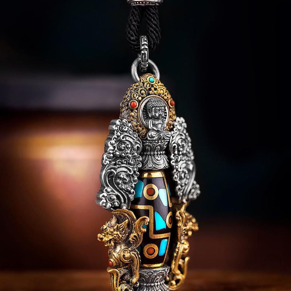 Collana Pendente da Uomo Dzi a Nove Occhi del Buddha Amitabha - Amuleto Protettivo Retrò