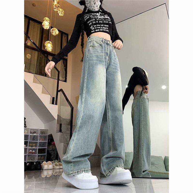 Women s Retro Distressed High-Waisted Wide-Leg Jeans, Loose & Slimming, Floor-Length Cigarette Pants Medium