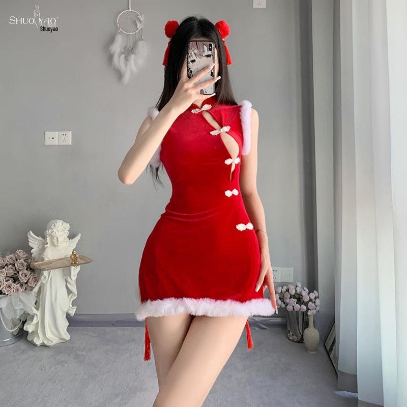 Shuo Yao Velvet Christmas Cheongsam: Sexy Bunny Cosplay Robe Set