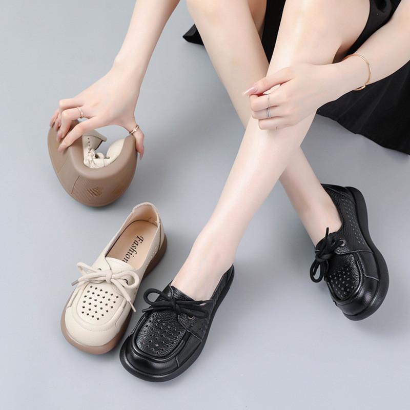French Style Leather Shoes For Women With Breathable Hollow Design Comfortable Flat Shoes For Summer And Spring
