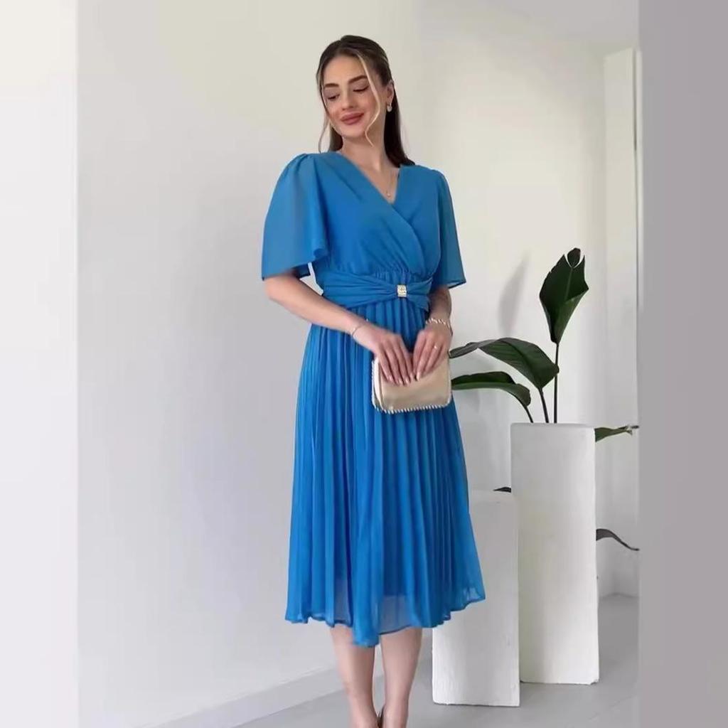 2024 Sommer Damen Einfarbiges V-Ausschnitt Taillenband Schlankmachendes Kleid