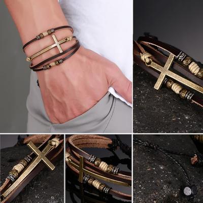 Retro Kunstleder Kreuz Armband Armreif Damen Herren Schmuck Verstellbare Seilkette