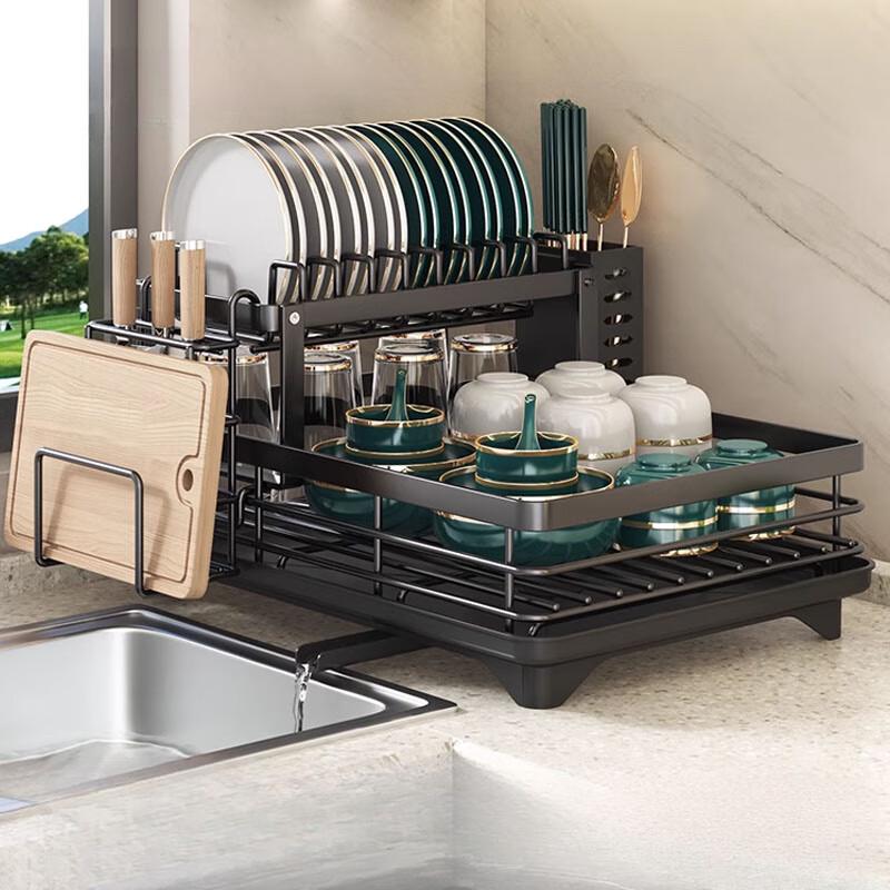 Modern Black Double-Layer Stainless Steel Dish Drying Rack