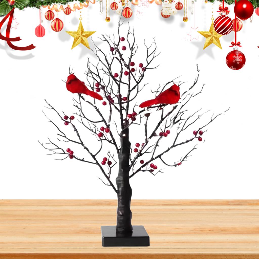 LED Vintage Glowing Tree W/ Cardinals Artificial Birch Lighting With Red Berry & Bird Parrots Twinkle Tree Lamp Xmas Party Decor