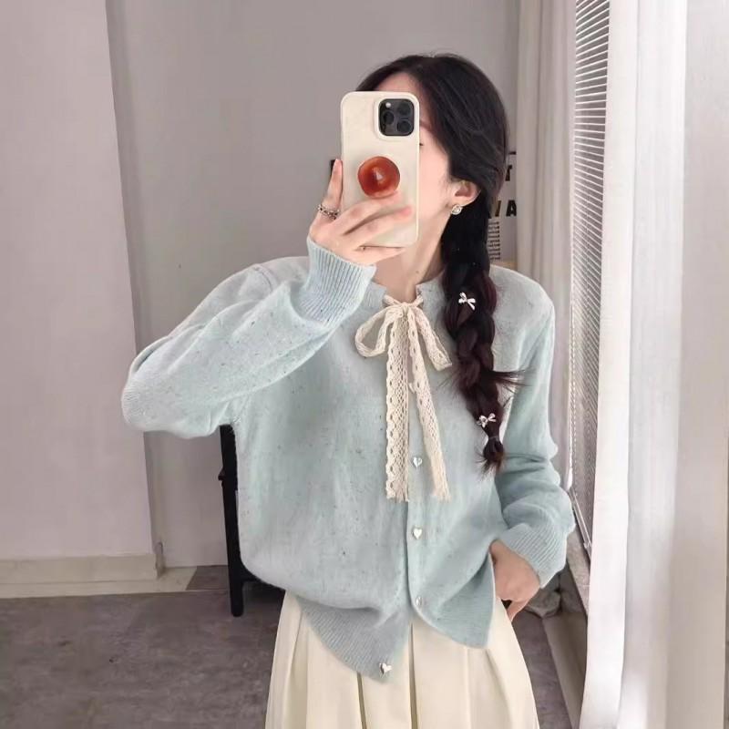 Soft Korean Style Lace Tie Bow Knit Cardigan Women - Sweet Heart Button Round Neck Sweater Jacket Winter