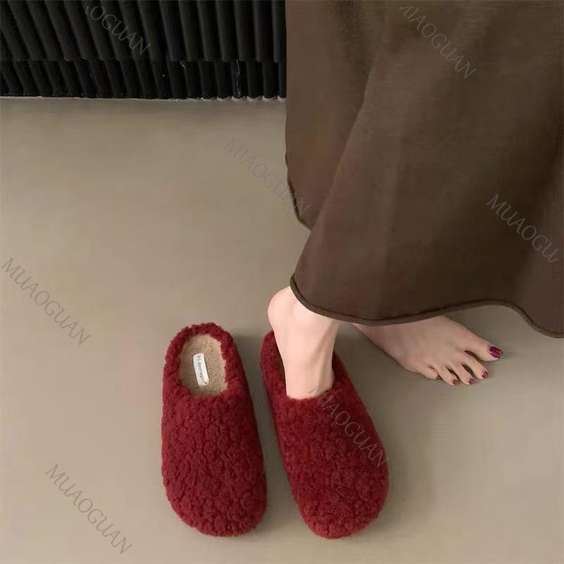 Women Shoes Vintage Style Plush Slippers Warm Faux Fur Indoor Outdoor Mules Slipper for Women Casual Slip On Solid Cotton Slides