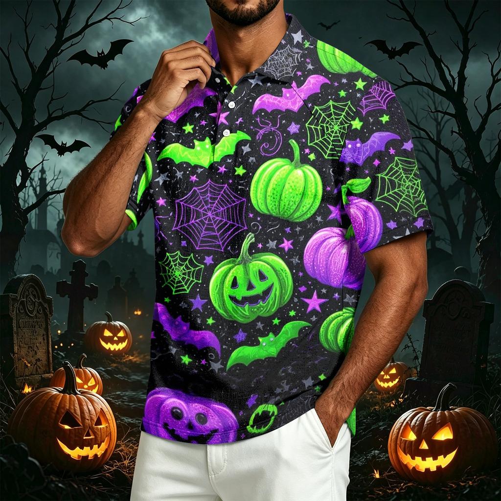 Men's Casual Lapel Lightweight Cotton Linen Breathable Short Sleeve Shirt with Halloween Pumpkin Print for Daily Wear
