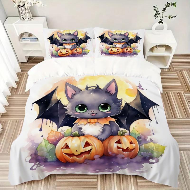 3pcs Lovely Halloween Bat Bedding Set - 1 Soft Quilt Cover + 2 Pillowcases, Machine Washable - Suitable for All Seasons, Perfect Gift for Family