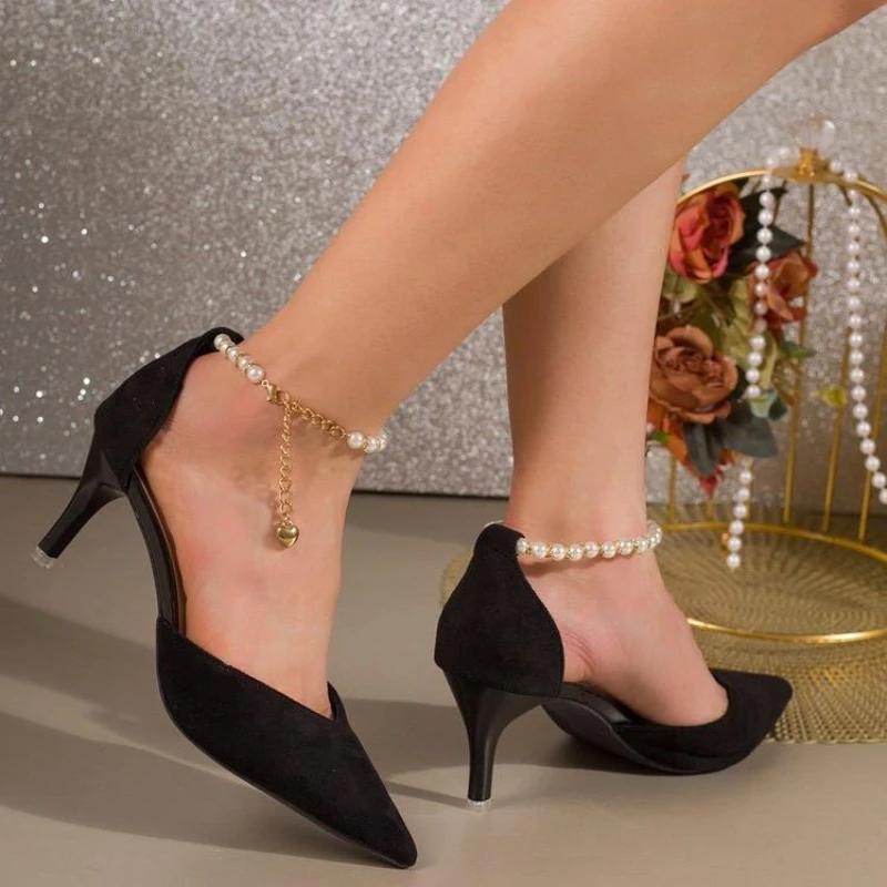 Französische Wildleder Stiletto Mary Jane Schuhe mit Perlenschnalle für Damen 2025 Neu Sommer Elegant Kleid Party Geschlossene Zehen Hohe Absätze Übergröße