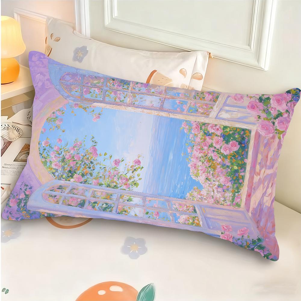 Romantic CoastalPink Roses Tranquil Blue Waters Cushion Cover Rectangle Pillow Case Printing Bedside Sofa Decoration Pillowcase