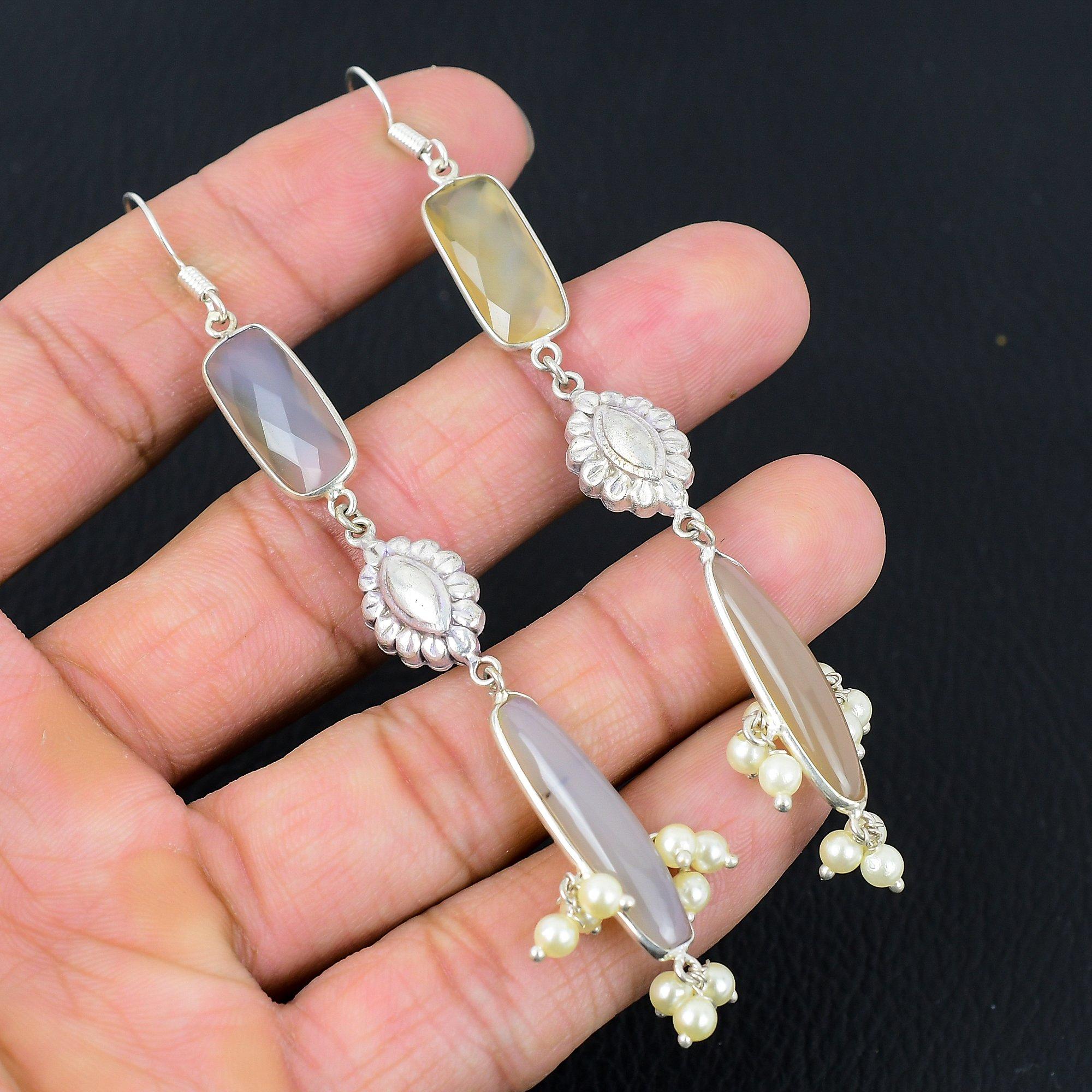 

Montana Agate Stone 925 Sterling Silver Art Deco Drop Dangle Wife Boho Earrings