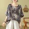 Cotton and Linen Plus Size Women's Printed T-shirt Summer Short-sleeved Ethnic Sleeves Show Retro Mother Loose Floral Top