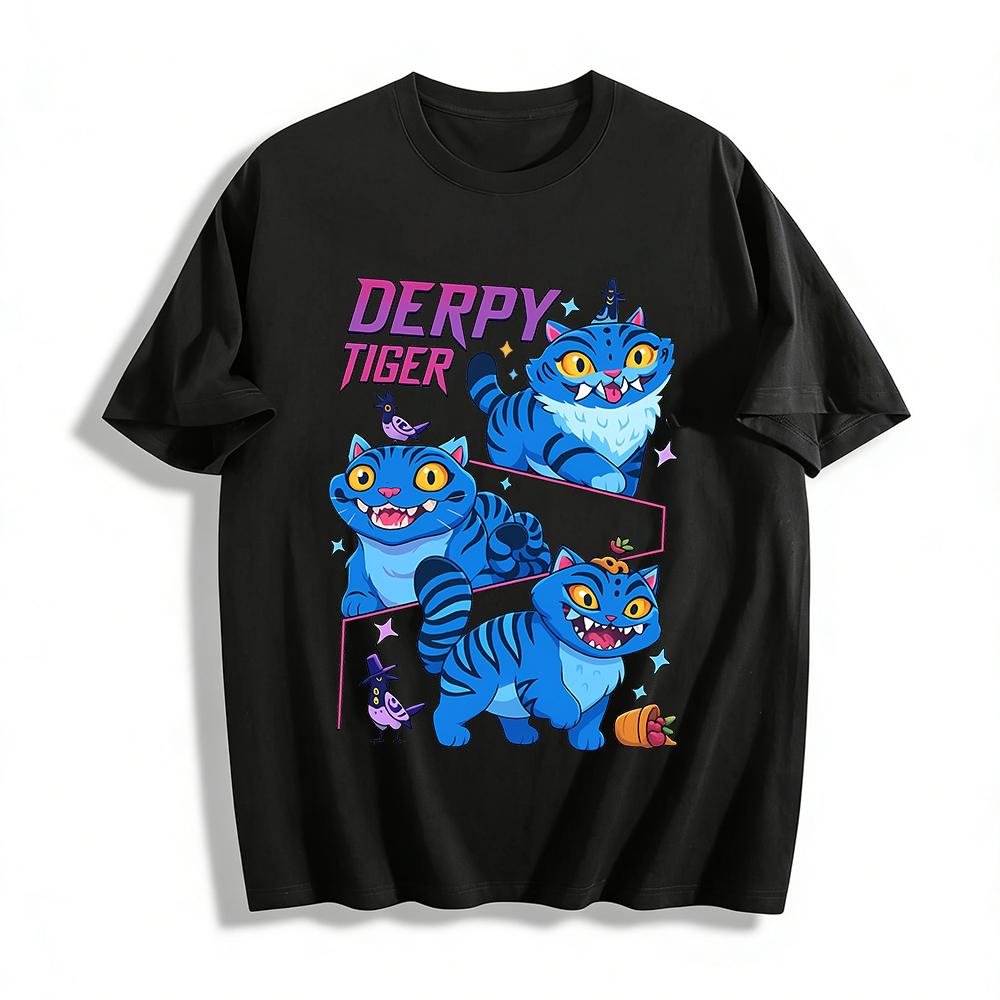 

Derpy Blue Tiger Graphic Tee, Cute Funny Animal Print Casual Top For Men Women Daily Wear Pure cotton T-shirt XXS
