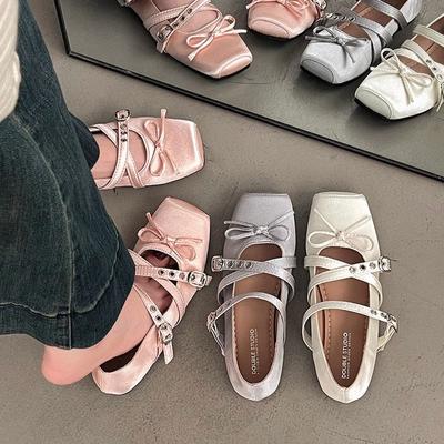 Mary Jane Shoes Women's 2025 Summer New Retro Square Head Ballet Shoes Flat French Shallow Mouth One-word Buckle Single Shoes