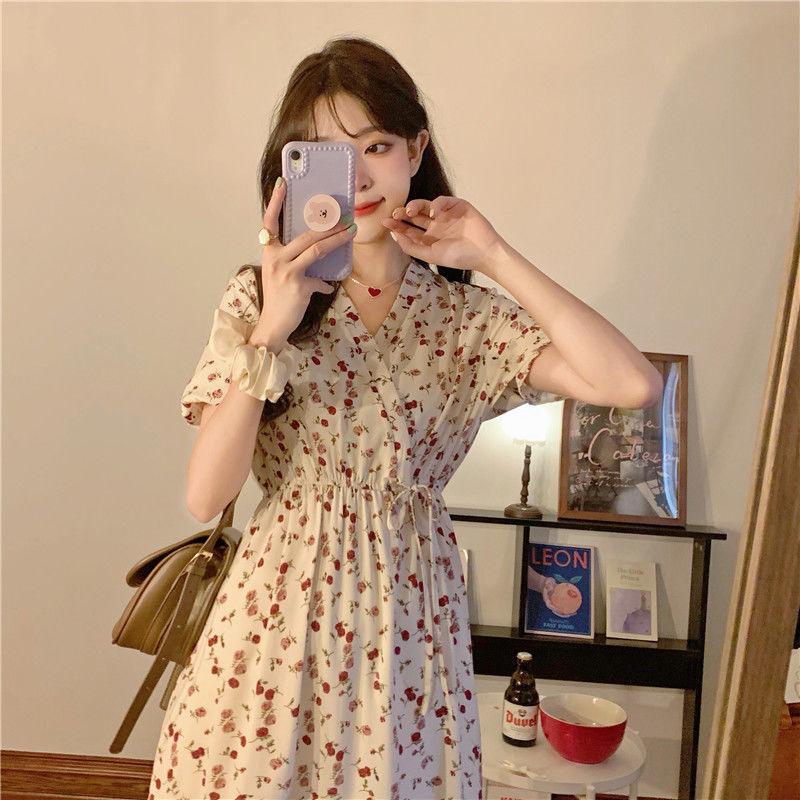 Summer French Women's Floral Dress Female Student Korean Version Waist Cover Middle Length Fairy Skirt